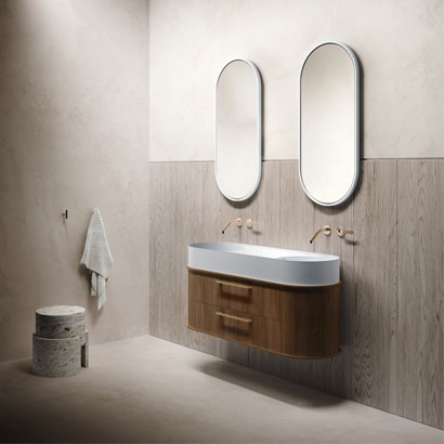 Omvivo Lune 1200 Double Bowl On Curved, Curved Front Bathroom Vanity Unit