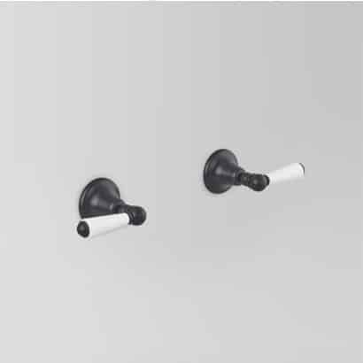 Astra Walker Olde English Matt Black Wall Tap Set with White Porcelain Lever Handles