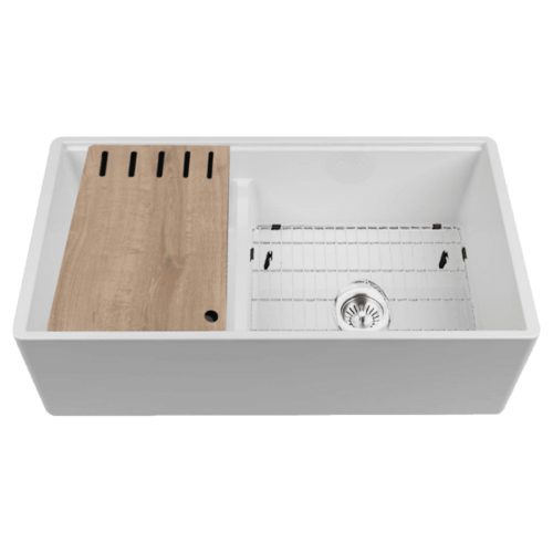 Chambord LEGRANDE Large Single & a Half Bowl Reversible Fireclay inc. Chopping Board and Sink Grid