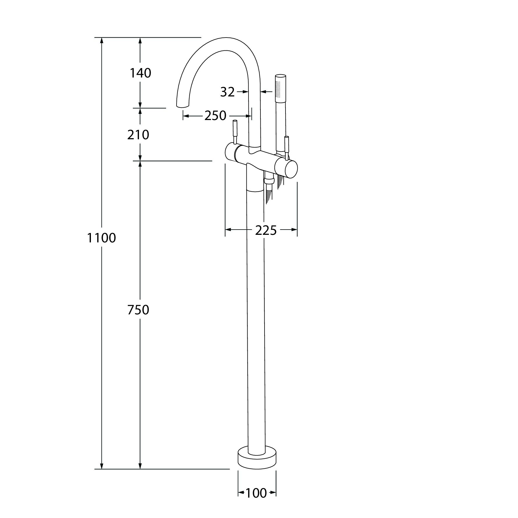 Sussex Voda Floormount Bath Mixer with Handheld Handshower - Image 2