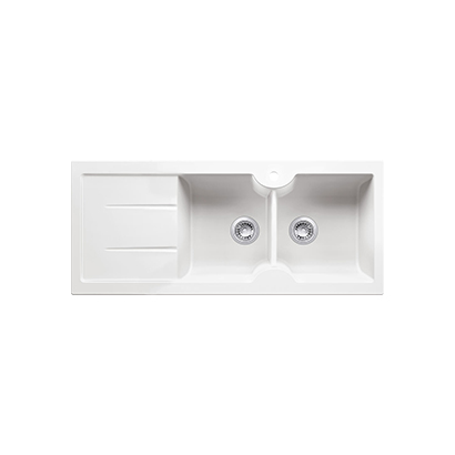 Cuisine 116 x 50 Inset or Undermount Fine Fireclay Gloss White Sink - Double Bowl and Single Drainer
