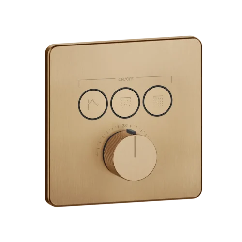 Gessi Hi-fi Comfort thermostat mixer, three simultaneous functions, with on/off buttons.